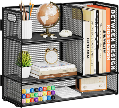 Marbrasse 3-Tier Desk Shelf Organizer with Handle, Desktop Bookshelf File Holder, Mesh Display Shelf Organizer Storage Rack for Office, Home, Supplies, Kitchen (Black)