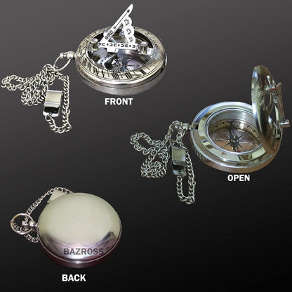 Vintage Brass Sundial Compass with Leather Case - Antique Brass & Copper Sun Clock for Camping, Hiking, Touring - Engraved Gift for Him - Silver Large Compass Viking Pendant Necklace for Men