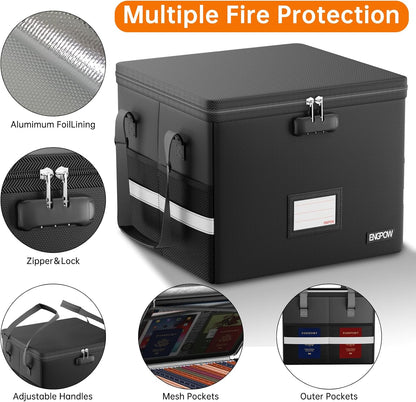 ENGPOW 5200°F Fireproof Document Box with Lock, Heat Insulated Collapsible File Storage Organizer with Handle, Portable Home Office File Cabinet for Hanging Letter/Legal Size Folder, Black