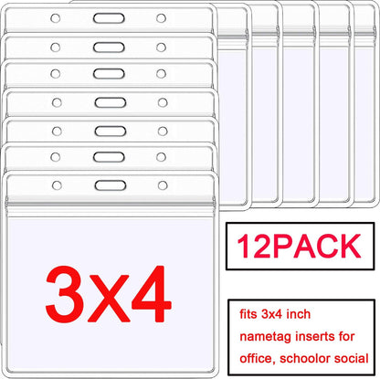 AMUU 12 Pack Horizontal Clear Badge Holder Card Holders 4 X 3 Large ID Card Holders Name Tag Fits 3x4 Inches