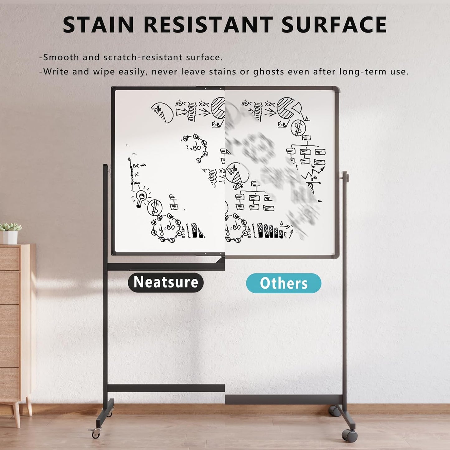 Large Rolling Whiteboard on Wheels, 48" x 36" Double-Sided Mobile White Board with Stand, 4' x 3' Portable Standing Magnetic Dry Erase Board Easel for Home Office Classroom School, Black