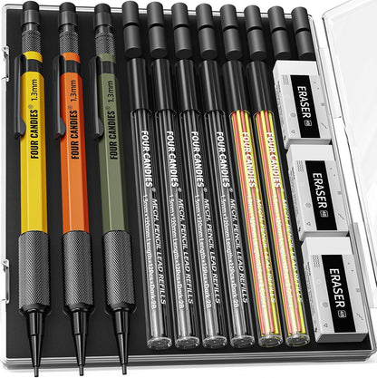 Four Candies 1.3mm Mechanical Pencil Set with 72 Lead Refills, 3PCS Metal Weatherproof Body Heavy Duty Carpenter Pencil, 3 Eraser, 16 Eraser Refills, for Outdoor Woodworking Drafting Marking with Case