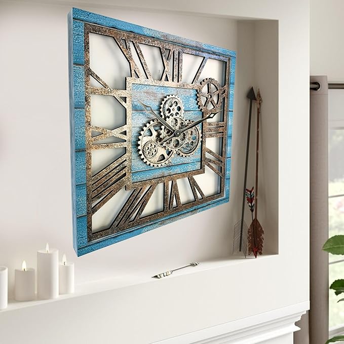 ImprovingLife The Gears Clock 24'' Inch Square Real Moving Gear Wall Clock Vintage Industrial Oversized Rustic Farmhouse (Ocean Blue)