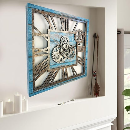 ImprovingLife The Gears Clock 24'' Inch Square Real Moving Gear Wall Clock Vintage Industrial Oversized Rustic Farmhouse (Ocean Blue)