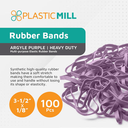 PlasticMill Argyle Purple Rubber Bands Size 33 (3 1/2" x 1/8") - #33 Colored Rubber Bands Office Supplies - Strong, Elastic Bands for Crafts, Balloon Garland, Cash, File Folders (100-Pack)