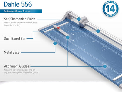 Dahle 556 Professional Rotary Trimmer, 37" Cut Length, 14 Sheet Capacity, Self-Sharpening, Dual Guide Bar, Automatic Clamp, German Engineered Paper Cutter