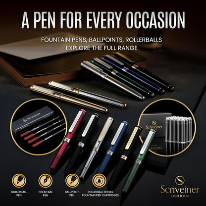 Scriveiner Deep Crimson Red Fountain Pen - Stunning Luxury Pen with Chrome Finish, Schmidt Nib (Medium), Best Pen Gift Set for Men & Women, Professional, Executive, Office, Nice Pens