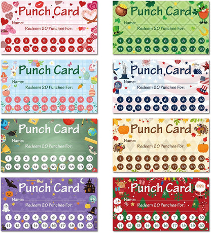 Fumete 400 Pcs Punch Cards for Classroom Reward Cards Behavior Incentive Loyalty Awards for Kids Students Teachers School Business, 8 Styles, 3.5 x 2 in(20 Holiday Punches Style)