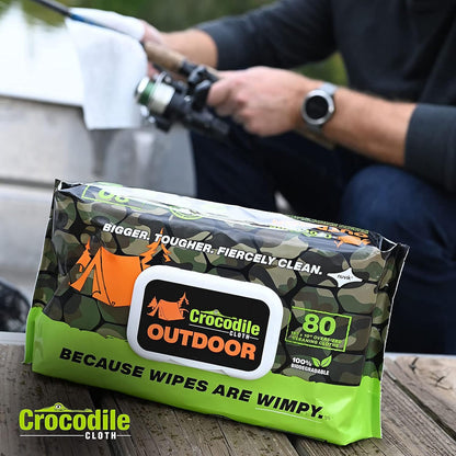 Crocodile Cloth Outdoor Cleaning Wipes – 80 Count Plant-Based Cloths (15"x10"), Skin Safe, Pre-Moistened, Aloe & Vitamin E Infused, Large, Absorbent, Multi-Surface Disposable Wipes