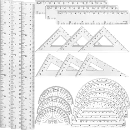 Tenare 18 Pcs Plastic Clear Math Set Includes Protractor Triangle Rulers 12 Inch 6 Inch Straight Geometry Math Transparent Ruler Measuring Tool for School Office Home Supplies