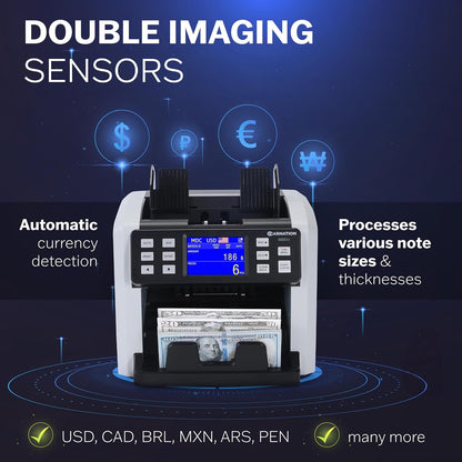 Carnation CR6 Mixed Denomination Money Counter Machine - Money Counter with UV/MG/IR Counterfeit Detection - 3 Speeds from 800~1000~1200N/M and Supported Currency USD/CAD/BRL/MXN/ARS/Pen/CLP/DOP/VES