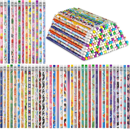 Sabary 200 Pcs Assorted Wood Pencil Bulk 50 Styles #2 HB Colorful Novelty Fun Dinosaur Animals Fruits Sports Pencils with Erasers Back to School Supplies for Kids Student Teacher Classroom Reward