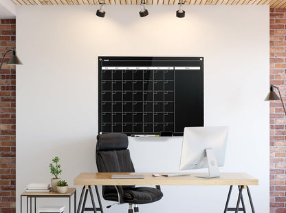 Real Glass Dry Erase Monthly Calendar, Giant Size 34" x 46", Tempered Glass Surface, Frameless Wall Mount, with 4 Assorted Color Markers and Eraser, by Better Office Products (Jet Black)