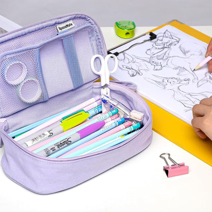 Pencil Case Pouch Box Bag School Supplies Girls Boys Kids, Cute Preppy Stuff Large Big Capacity Aesthetic Pen Organizer, Back to College Stationary, Purple, Heavy Duty Canvas, 1800ml