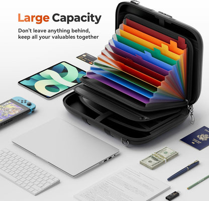 Nacial Fireproof Document Box with Lock & Shoulder Strap, Hard-Shell Fireproof File Organizer with 13 Pocket Accordion File Folder, Portable Safe Storage for Important Documents, Laptop, Black