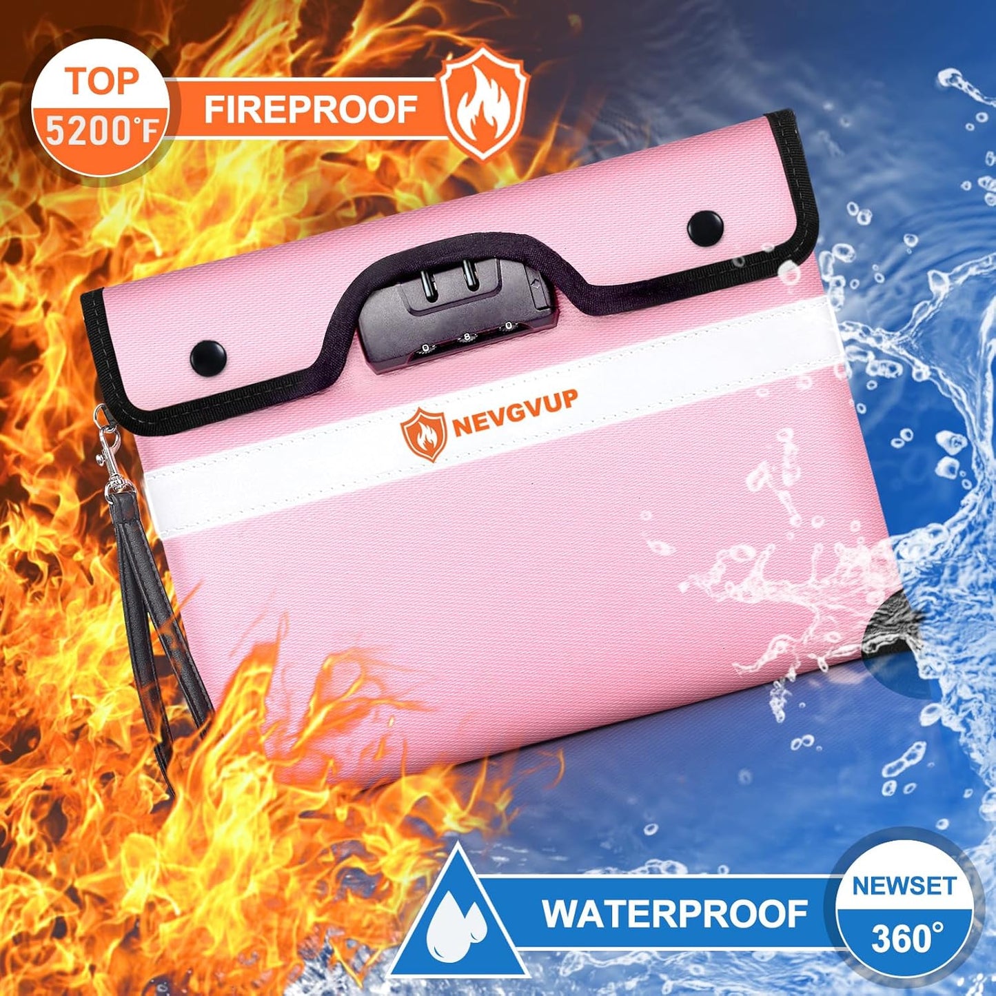 Upgraded 6200°F Fireproof Money Bag with Lock, Fireproof Bag w. Zipper/Reflective Strip, 9 Layers of Heat Insulated Material, Water Resistant Fire Proof Money Bag for Cash, Fire Bag for A5 documents