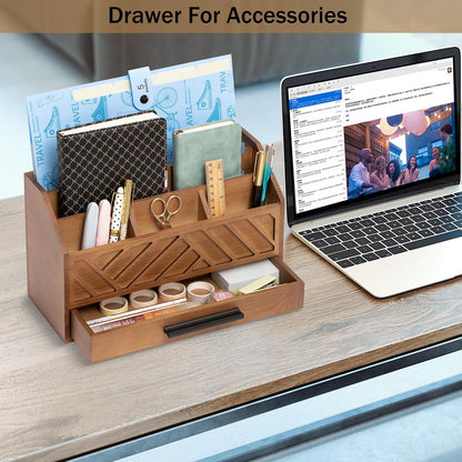 Brown Wood Desk Organizer and Accessories with Drawer, Bill Mail Organizer and File Mail Holder for Office Supplies, Modern Desk Accessories & Workspace Organizers for Desk Organization