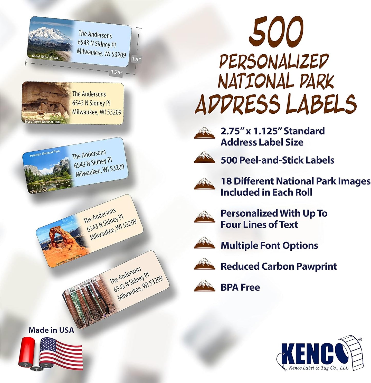 Customized Personalized Address Labels - Made in The USA by Kenco (500 Labels, National Parks)