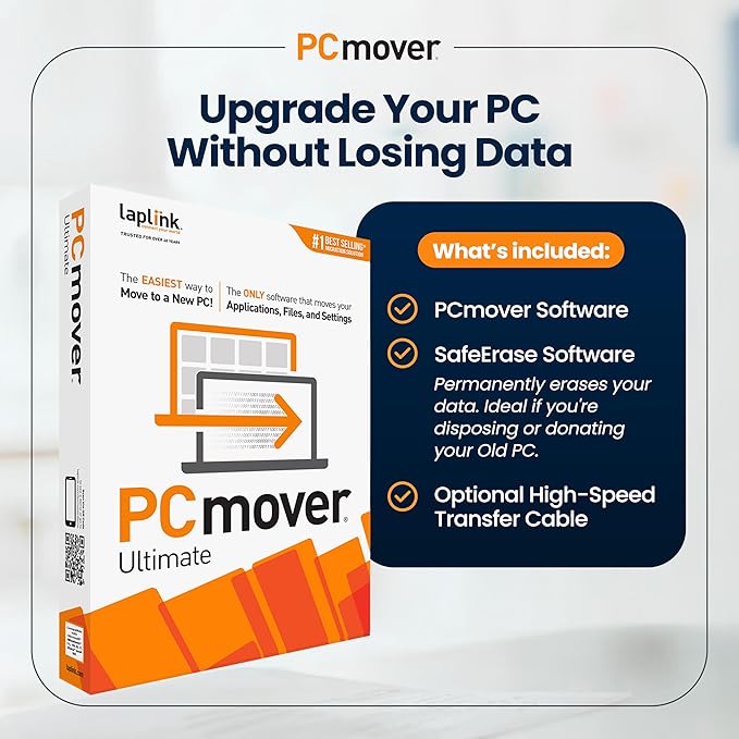 Laplink PCmover Ultimate 11 - Migration of your Applications, Files and Settings from an Old PC to a New PC - Data Transfer Software - With Optional Ultra-High-Speed USB 3.0 Transfer Cable - 2 License