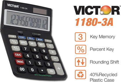 Victor 1180-3A 12-Digit Standard Function Calculator, Battery and Solar Hybrid Powered Adjustable Angle LCD Display, Great For Home and Office Desks, Black
