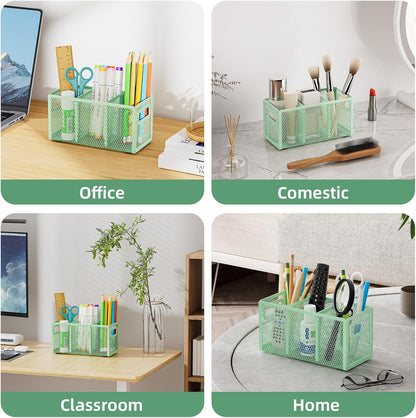 Marbrasse Mesh Pen Holder for Desk,Pencil Holder Desk Organizer 3 Adjustable Compartments,Pencil Cup with Handle Perfect for Classroom, Office, Home,Makeup,Art (Green)