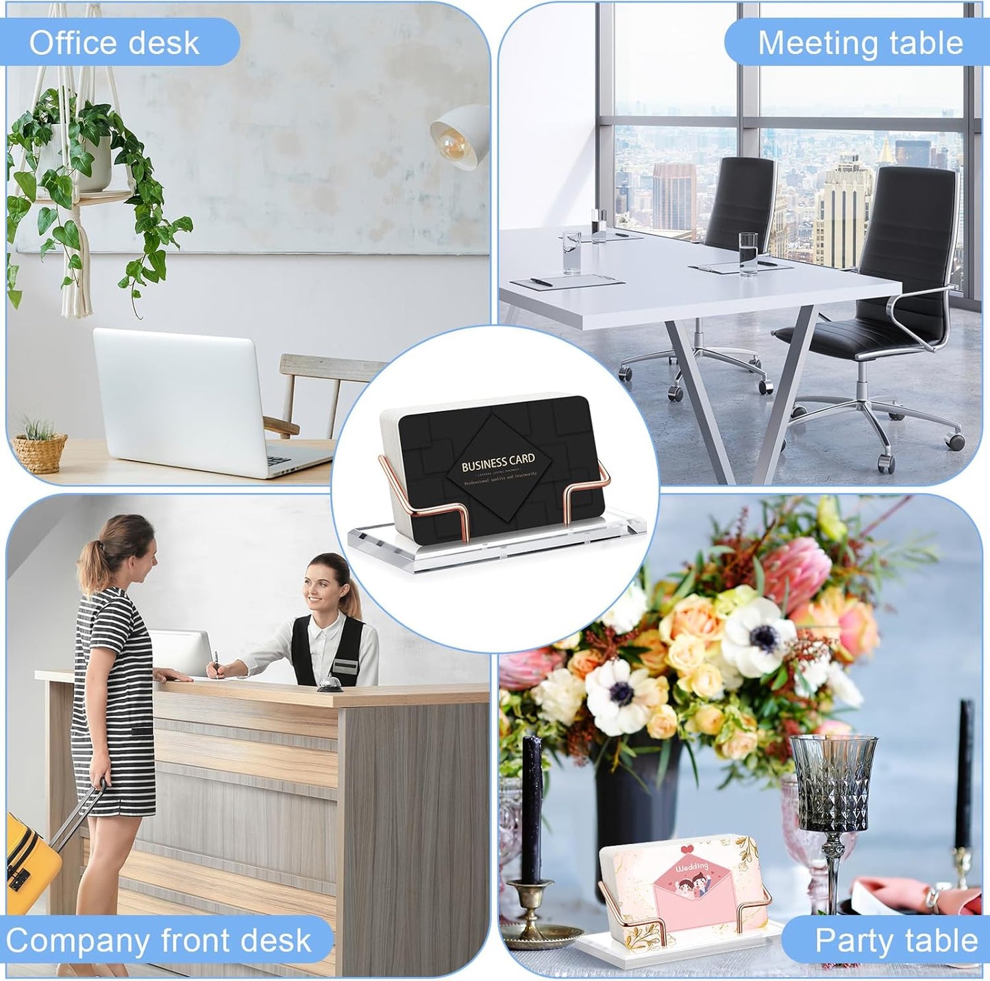 Amyhill 2 Pieces Acrylic Business Card Holder for Desk Clear Horizontal Business Card Display Stand Postcard Holder for Office Home Desktop (Rose Gold)
