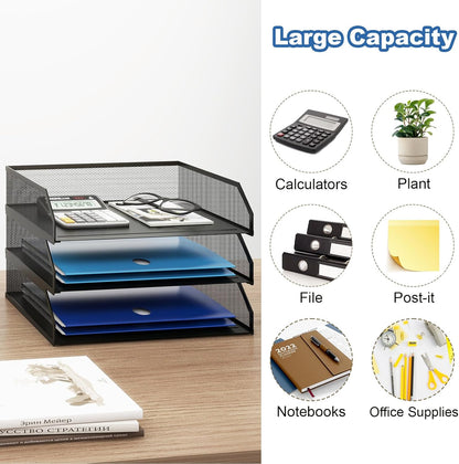 Natwind 3-Tier Stackable Paper Tray, Metal Mesh Desktop Organizer, A4 Desk Organizer, Stackable Letter Trays, File Folder Sorter Organizer with Sliding Tray for Home, Office, School (Black)