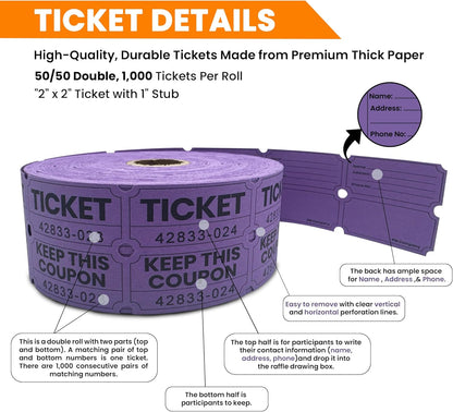Pm Company 1000 Raffle Tickets Double Roll, Purple 50/50 Raffle Tickets for Events, Carnivals, Fundraisers, Class Rewards, and Prizes - Premium Quality
