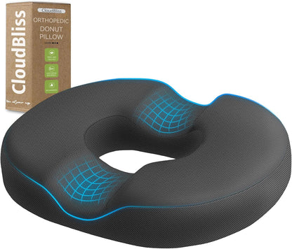 CloudBliss Donut Pillow Seat Cushion for Tailbone Pain Relief and Hemorrhoids, Memory Foam Chair Cushion for Postpartum Pregnancy, Seat Cushions for Men and Women for Home & Office, (Grey)