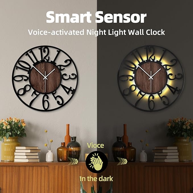24 Inch Large Metal Wall Clock with Voice and Light Sensor Night Light, Glow in The Dark Non-Ticking Silent Battery Operated Decorative Oversized Wall Clock for Bedroom Living Room Decor