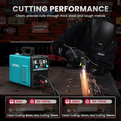 bestarc Plasma Cutter, [Blow Back Pilot Arc][Large LED][Air Sensor] 55A Non-HF bestarc Plasma Cutter Machine 110V/220V Dual Voltage, 5/8" Clean Cut 4/5" Max Cut, Post Flow, 2T/4T for Beginners DIY
