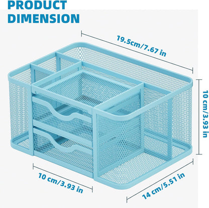 Marbrasse Mesh Desk Organizer, Pen Organizer with 2 Drawer, Multi-Functional Pencil Holder, Desk Organizers and Accessories with 5 Compartments + Drawer for Office Art Supplies (Blue)