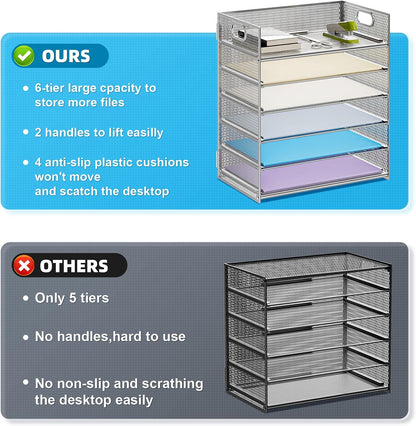 Marbrasse Paper Letter Tray - 6 Tier Mesh File Organizer with Handle, Paper Sorter for Letter/A4 Office File Folder Holder - Silver