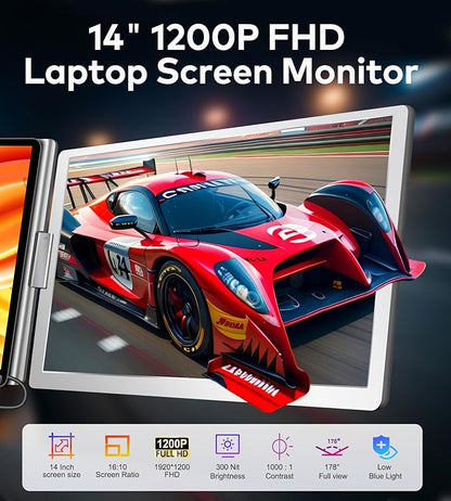FOPO 14" Laptop Screen Extender, FHD 1080P IPS Monitor Extender, Just 1 Cable for 3 Screens Quad Monitor, Triple Extender for 12"-17.3" Laptops, Compatible with Windows 10/11 and Mac M1/M2/M3