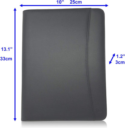 Matt Black Zippered Portfolio Binder - Lean PU Leather Business Executive Portfolio Organizer Folder - Padfolio for Men & Women with US Letter Notepad & Gift Box by Lautus Designs