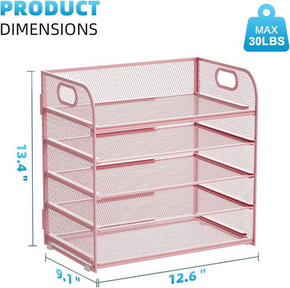Marbrasse Paper Organizer Letter Tray, 5 Tier Mesh File Organizer with Handle, Paper Sorter Desk Organizer for Home Office Supplies - Pink