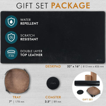 Elizo Leather Desk Mat Desk Pad Blotter Set - Real Full-Grain Leather (32x16) 2-Layer Genuine Desk Cover Protector & Large Mouse Pad | Computer Keyboard Desk Accessories for Office & Home