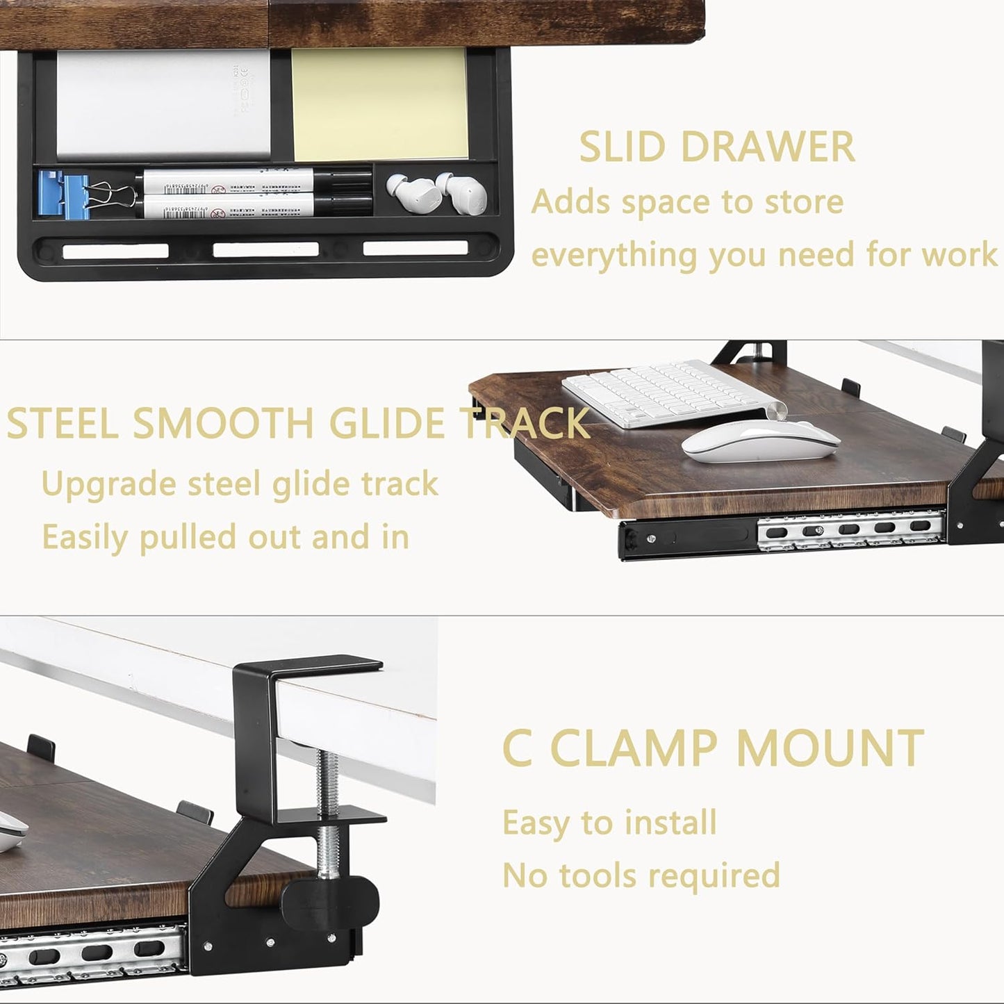 ETHU Keyboard Tray Under Desk, 19.7" X 12.2" Small Size C Clamp Keyboard Drawer Under Desk, Computer Keyboard Stand Slide Pull Out, Ergonomic Keyboard Tray for Home, Office (Wood)