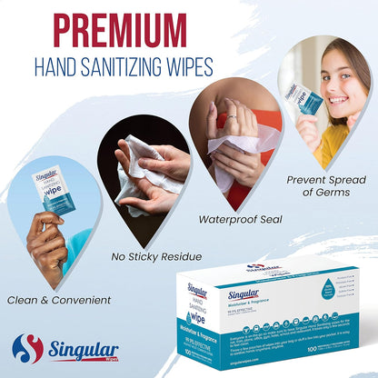 Hand Sanitizing Wipes Travel Size by Singular Wipes – 100ct Individually Wrapped | Fresh Citrus Scent, Moisturizing, 70% Alcohol Wipes | Travel, Office, School, Home | Made in USA