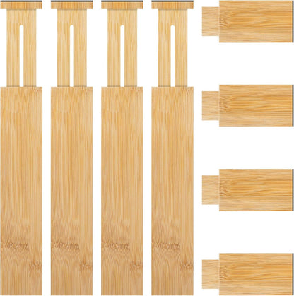 FJO 4 Pack Adjustable Bamboo Drawer Dividers - 12.5" - 21.7" Expandable Drawer Separators for Kitchen, Utensils, Clothes, Bedroom, Dresser, Bathroom (Beige)