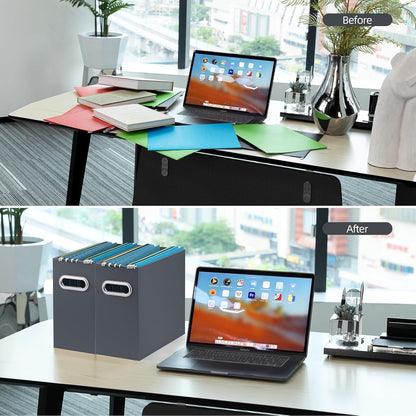 Oterri File Organizer, 2 Packs Small Storage Box, Cardboard File Folder Organizer, Collapsible File Box for Hanging File Folders Letter Size, Portable Filing Organizer with Handle (Dark Grey)