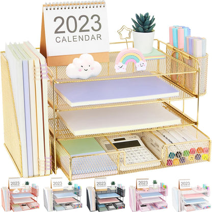Desk Organizer and Accessories, 4-Tier Desktop File Organizer with Drawer and 2 Pen Holders, Office Desk Accessories for Office Supplies(Gold)