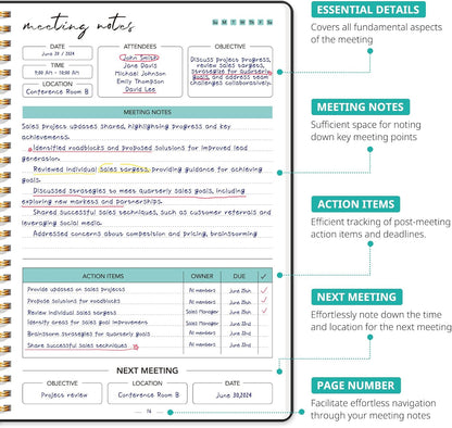 Taja 48 Pack of Meeting Notebook for Work Organization - Work notebook with action items, Meeting Minutes Planner Notebook, Perfect Office Supplies for Men & Women - Black