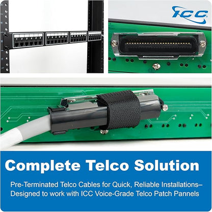 ICC Female to Open End 25-Pair Telco Cable 15ft - Cat3 24AWG, 100% Solid Pure Copper, Gray Riser CMR Cable with 90-Degree 50-Pin Telco Connector for Voice and Low Data PBX Applications, 15 Feet