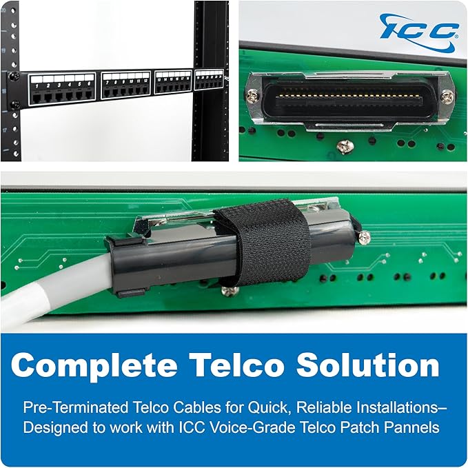 ICC Female to Male 25 Pair Telco Cable 5ft - Cat3 24AWG, 100% Solid Pure Copper, Gray Riser CMR Cable with 90 Degree 50 Pin Telco Connector for Voice and Low Data PBX Applications, 5 Feet