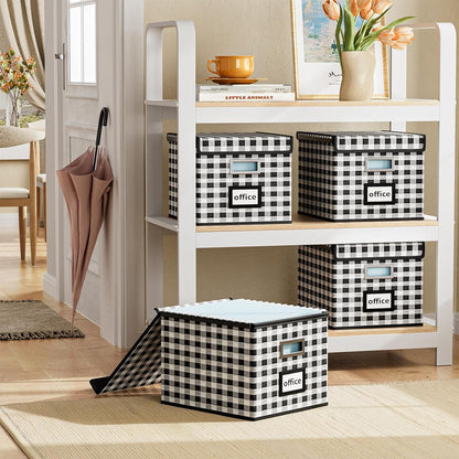 Huolewa Collapsible File Storage Organizer Box with Lid, Lattice Linen Office Document Storage, Universal Hanging Filing Organization Box for Letter/Legal Folder, Decorative Home File Bin