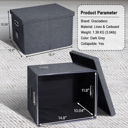 File Organizer Box, Decorative Storage Filling Box with Lid for Letter Legal Size Hanging Folders Collapsible Linen File Folder Box Office Document Storage Filing Bin, Dark Gray 4 Pack