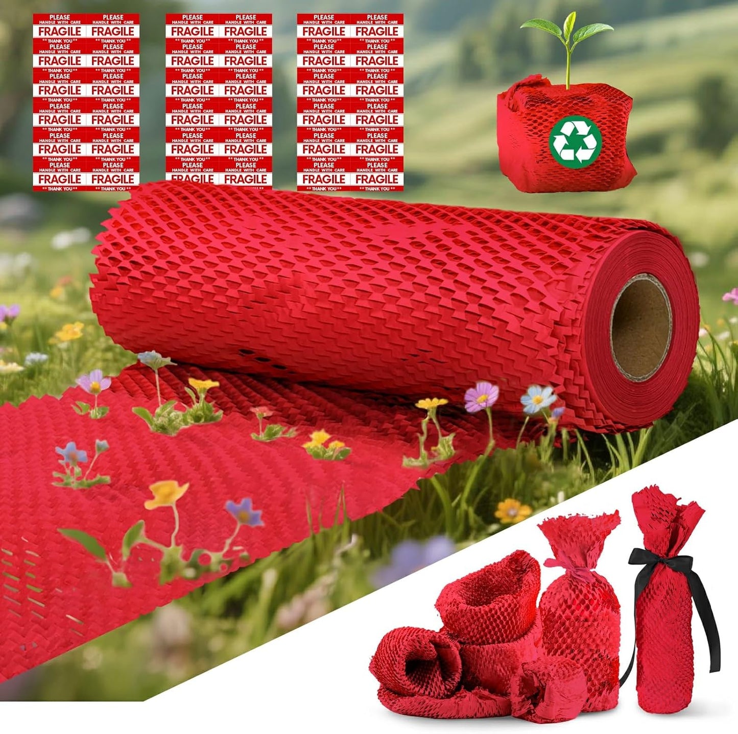 Honeycomb Packing Paper, 12"x200' Red | Perforated Honeycomb Packing Paper Recyclable Moving Supplies for Shipping & Moving | Plastic-Free Alternative to Bubble Cushion Wrap with 36 Fragile Stickers