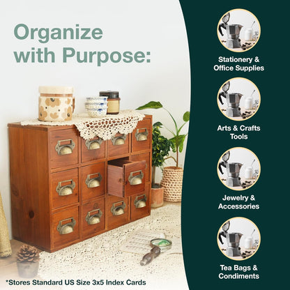 12-Drawer Apothecary Cabinet - Index Card Organizer - Mahogany Wooden Card Catalog - Fits Standard US 3x5in Index Cards - Vintage Desktop Drawer Organizer for Tea, Herbs, and Office Supplies
