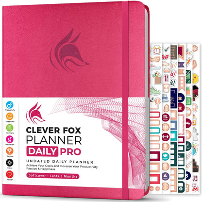 Clever Fox Planner Daily PRO - 8.5 x 11" A4 Size Daily Life Planner and Gratitude Journal to Increase Productivity, Time Management and Hit Your Goals - Undated - Lasts 3 Months (Dark Pink)
